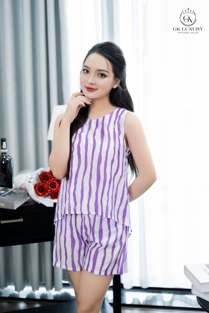 Đồ ngủ, đồ bộ mặc nhà sát nách quần đùi chất liệu thô kẻ GK101